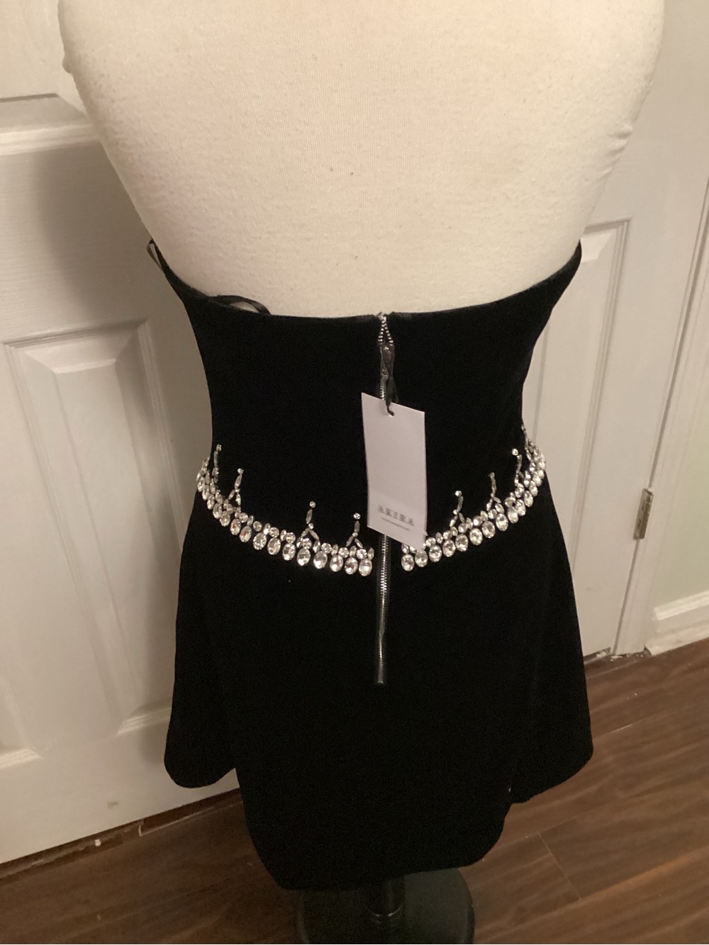 AKIRA Black Velvet Strapless Mini Dress with Crystal Accents - Picture 4 of 5